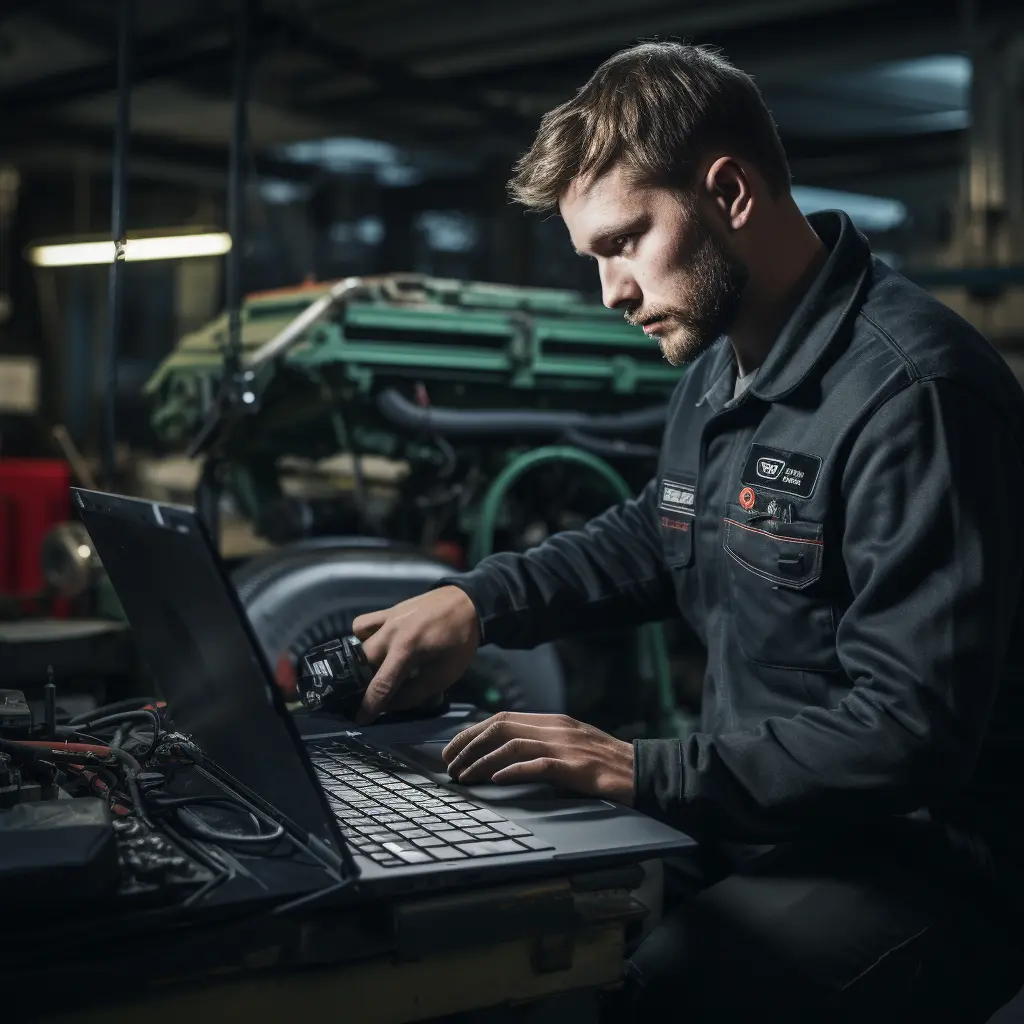 Mechaniker in Werkstatt mit Laptop