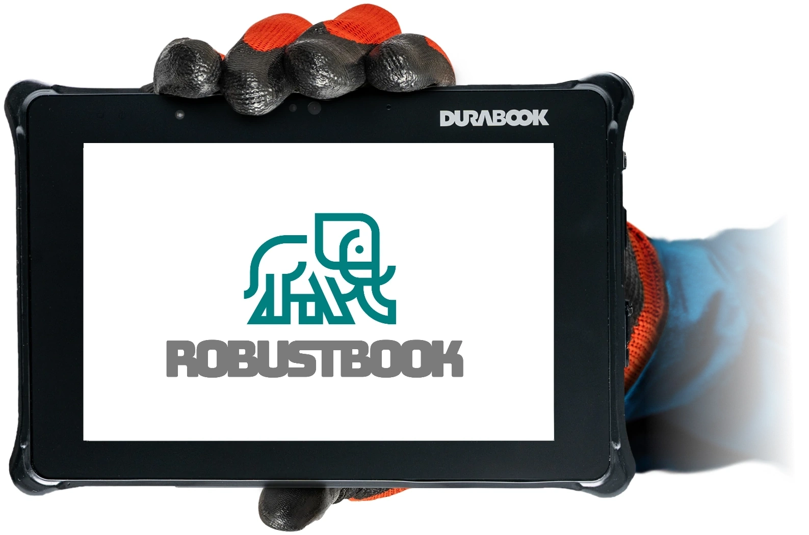 Hand hält robustes Tablet Durabook R8 in der Hand